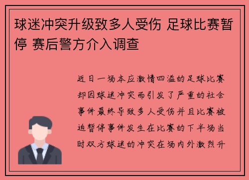 球迷冲突升级致多人受伤 足球比赛暂停 赛后警方介入调查